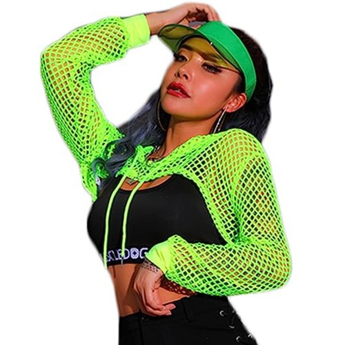 Mesh crop top hoodie long - crop,